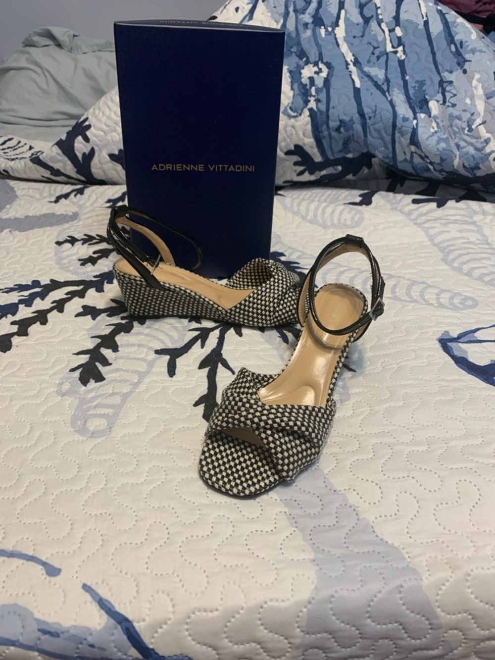 Adrienne Vittadini Black & White Woven Peep-Toe Wedge Sandals with Ankle Strap